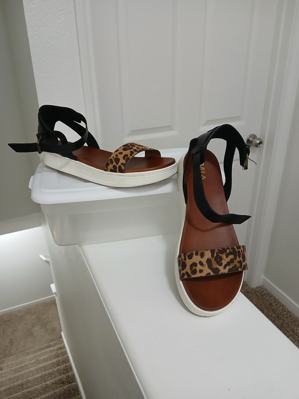 MIA Leopard Print and Black Ankle Strap Platform Sandals